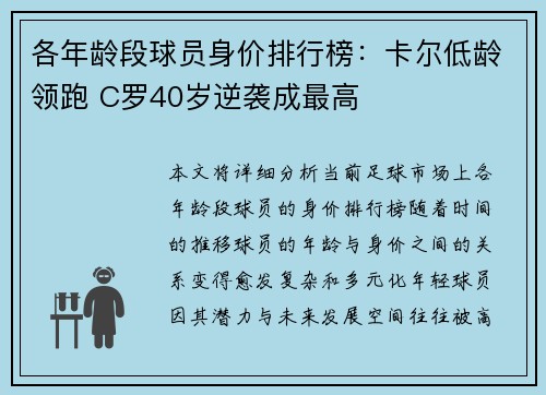 各年龄段球员身价排行榜：卡尔低龄领跑 C罗40岁逆袭成最高